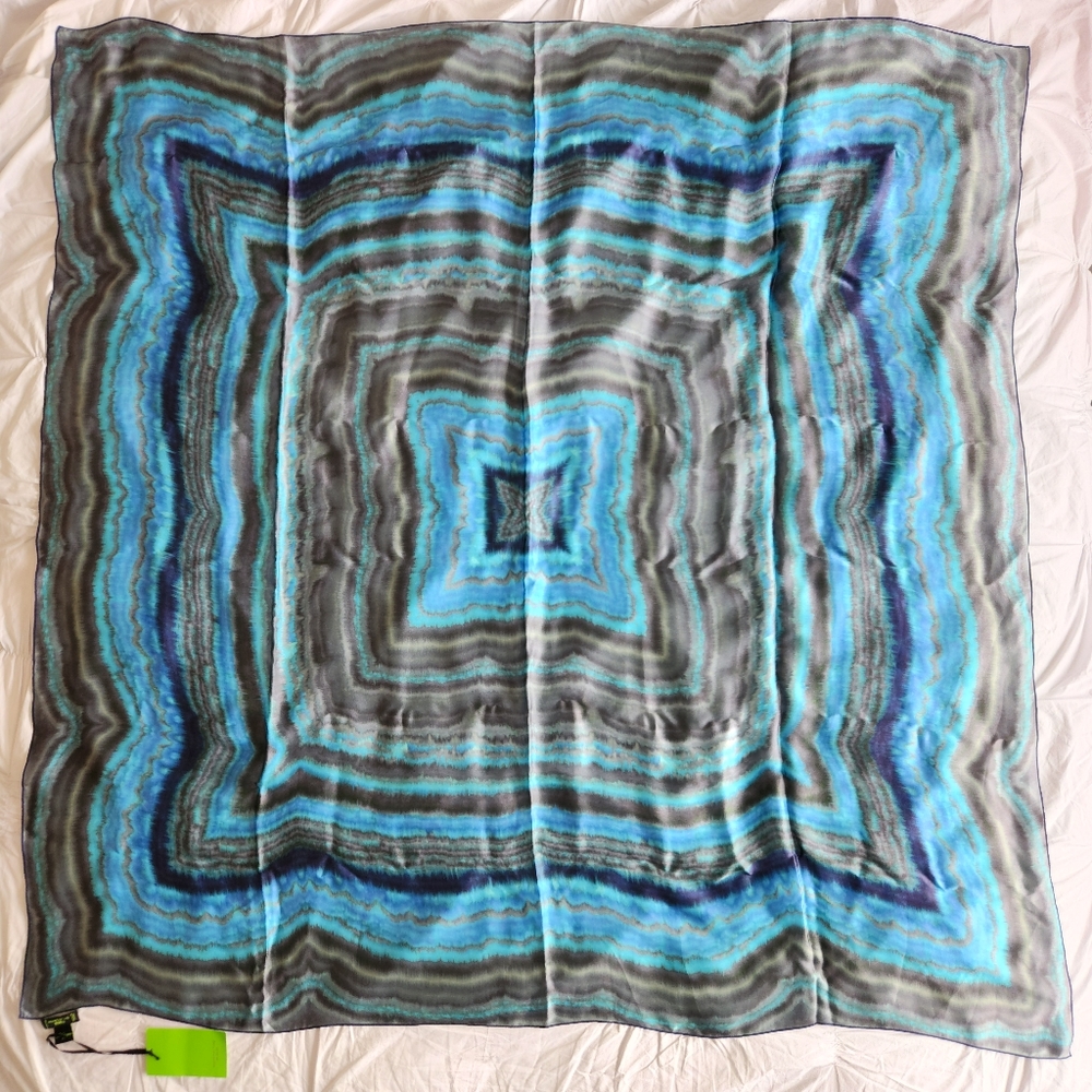 Shanghai Tang 100% Mulberry Silk 46" Square Scarf Blue Gray Tie-dye Pattern